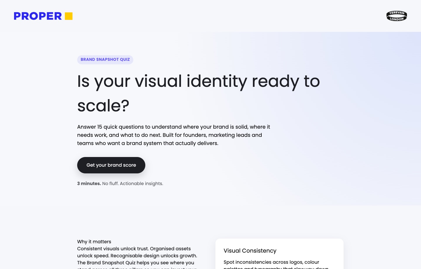 Brand Snapshot homepage with its visual identity readiness questionnaire