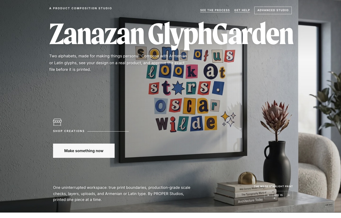Zanazan GlyphGarden homepage showing a framed typographic composition